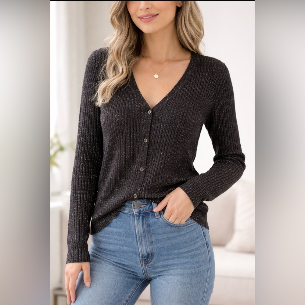 Liz Claiborne Black Silver Metallic Ribbed V-Neck Cardigan Sweater Size M